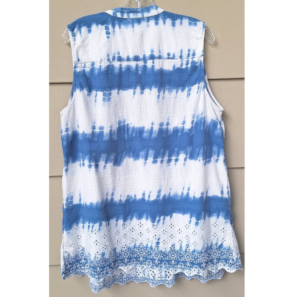 Style & Co Eyelet Pleated Tie Dye 100% Cotton Tank Top Tunic Blue White XL Boho - Picture 5 of 10